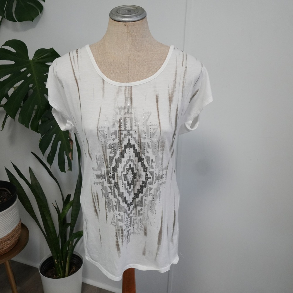 Miss Me Graphic Tee Womens‎ Small White Aztec Rhinestone Y2K Festival JMT494